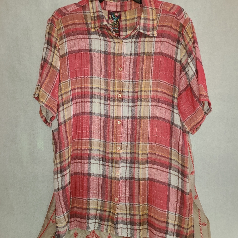 Johnny Was Plaid Cotton and Silk Blouse